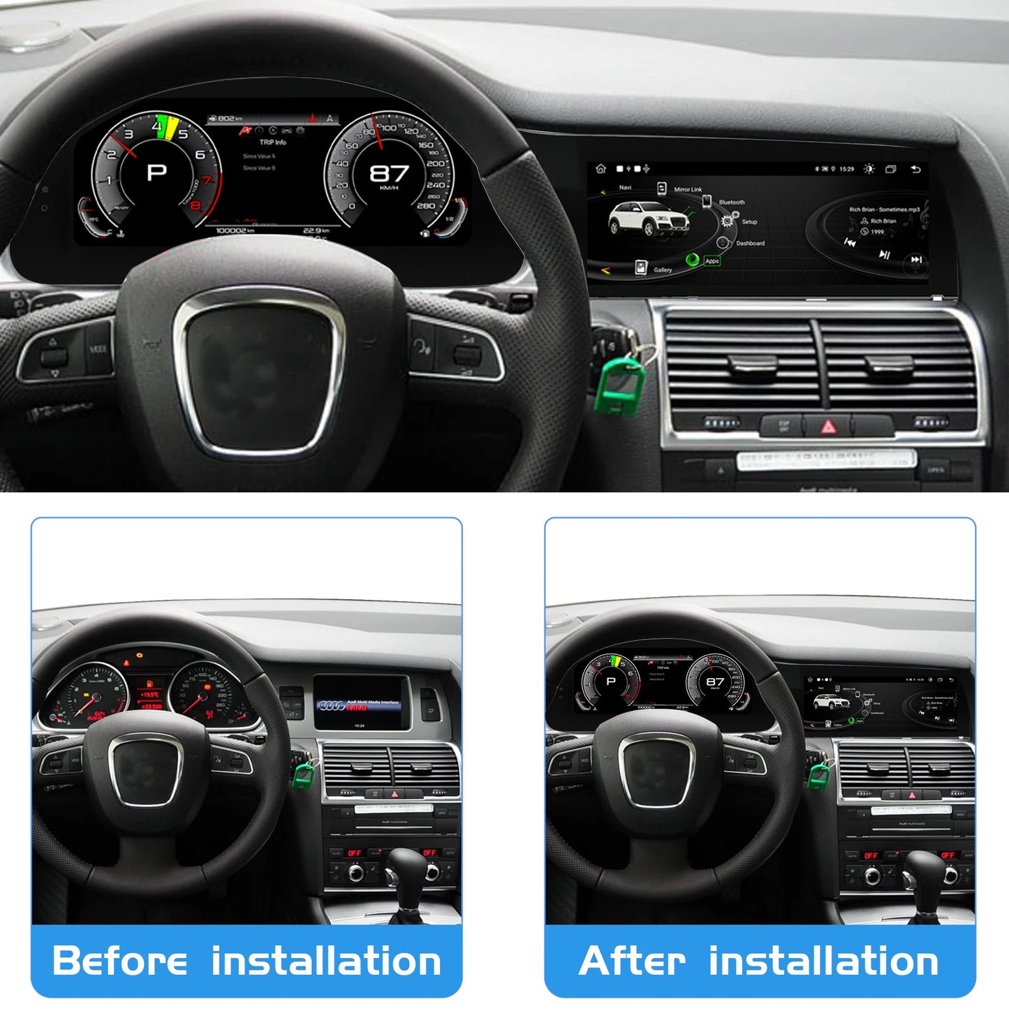For Audi Q7 2005-2015 digital instrument panel, speedometer, Android radio, wireless CarPlay, GPS navigation 4+64GB