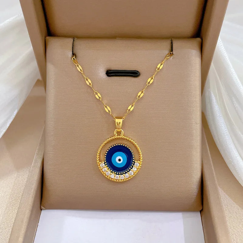 Turkish Hamsa Evil Eye Necklace For Women Stainless Steel Gold Color Fatima Hand Pendant Neckalce Lucky Jewelry Birthday Gift