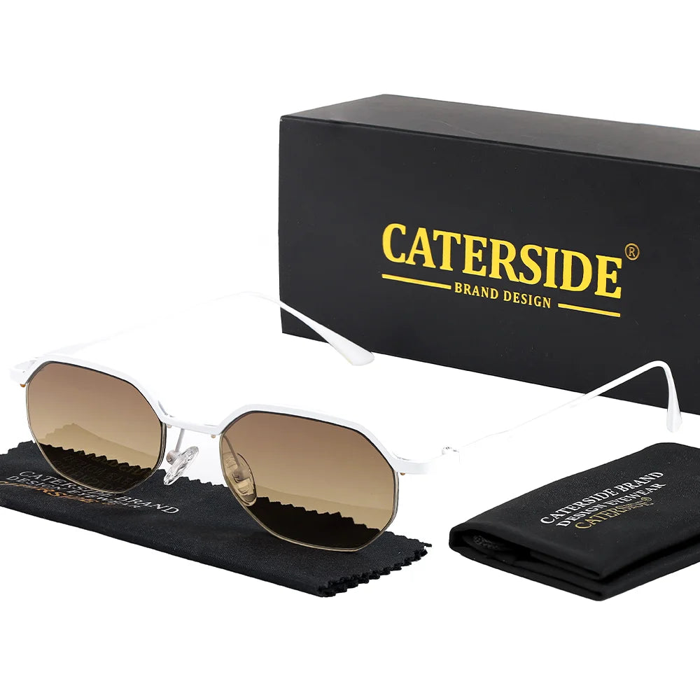 CATERSIDE Retro Polygon Sunglasses Men Metal Semi Rimless Sun Glasses Uv400 Women Outdoor Protection Driving Decorative Eyewear
