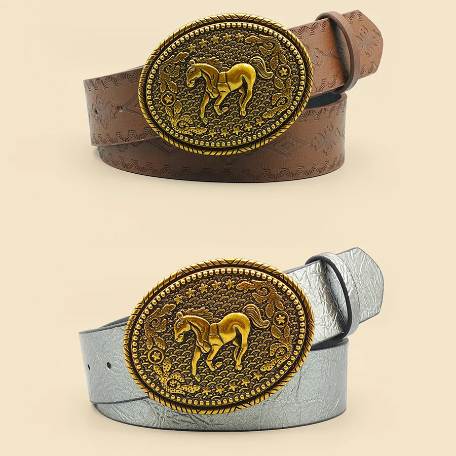 Western Retro Women's Belt with Carved Horse Image Buckle, Jeans Belt, Daily Casual Versatile Belt