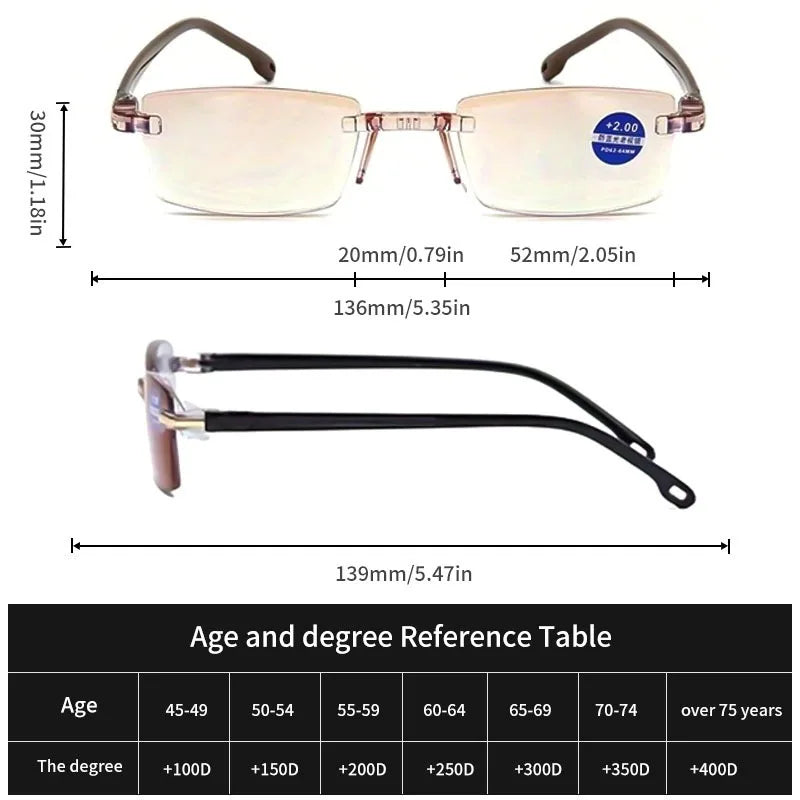 2-piece Frameless Bifocal Reading Glasses, PC Lens and Frame, Bifocal+1.0 To+4.0- Stylish and Comfortable, Rectangular