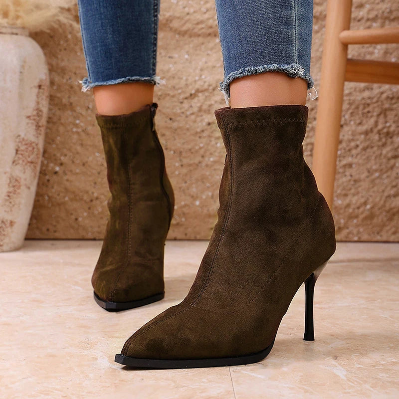 Faux Suede Stiletto Heel Ankle Boots Women Fashion Pointed Toe High Heeled Boots Woman Plus Size 42 Zippers Short Booties Mujer