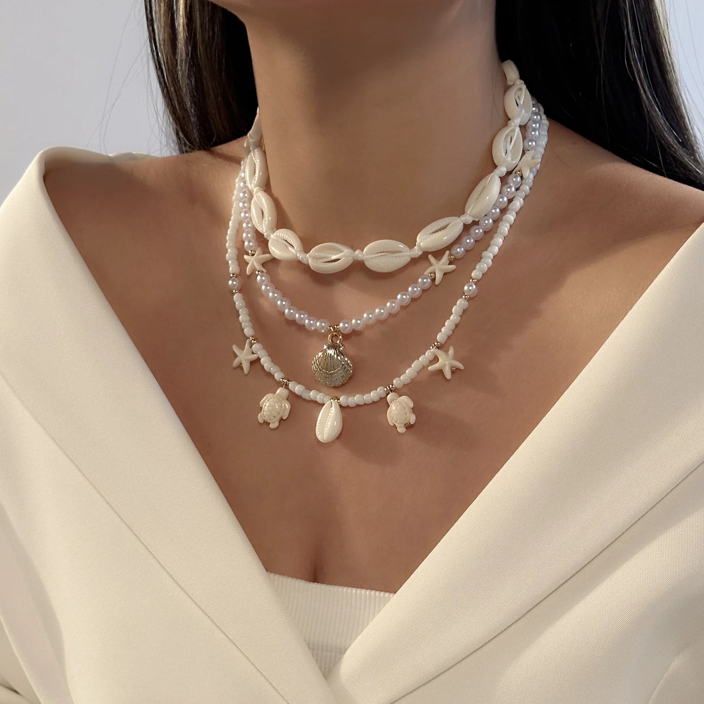 3Pcs/Set Vacation Shell Turtle Starfish Faux Pearl Beaded Necklace Summer Beach Ocean Theme Boho Jewelry For Women