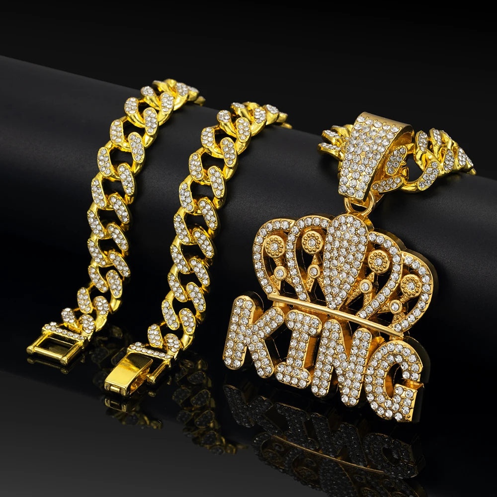 Men Hip Hop Crown KING Letter Pendant Necklace with 13mm Miami Cuban Chain Iced Out Bling HipHop Necklaces Fashion Women Jewelry