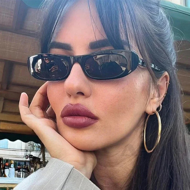 JNPCXI Trendy Cat Eye Black Sunglasses Women Brand Narrow Frame Rectangle Shades Small Eyewear Men Sun Glasses Female Male UV400