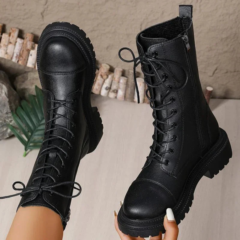Fashion Solid Zip Mid Calf Boots for Women Autumn Winter Platform Heels Motorcycle Boots Women Temperament Lace-Up Shoes Woman