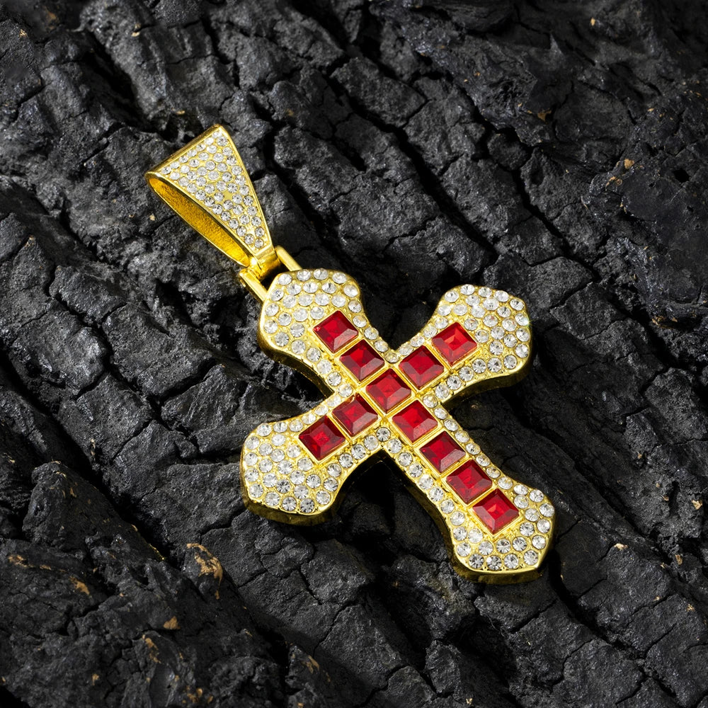 New Iced Out Bling Cross Pendant Necklace Rectangle Rhinestone Red Charm Hip Hop Men Cuban Chain Party Jewelry Accessories Gift
