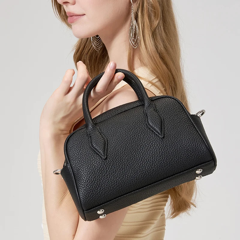 Fashion Women's Genuine Cowhide Leather Mini Boston Handbag Luxury Designer Pebbled Leather Top Handle Crossbody Shoulder Bag