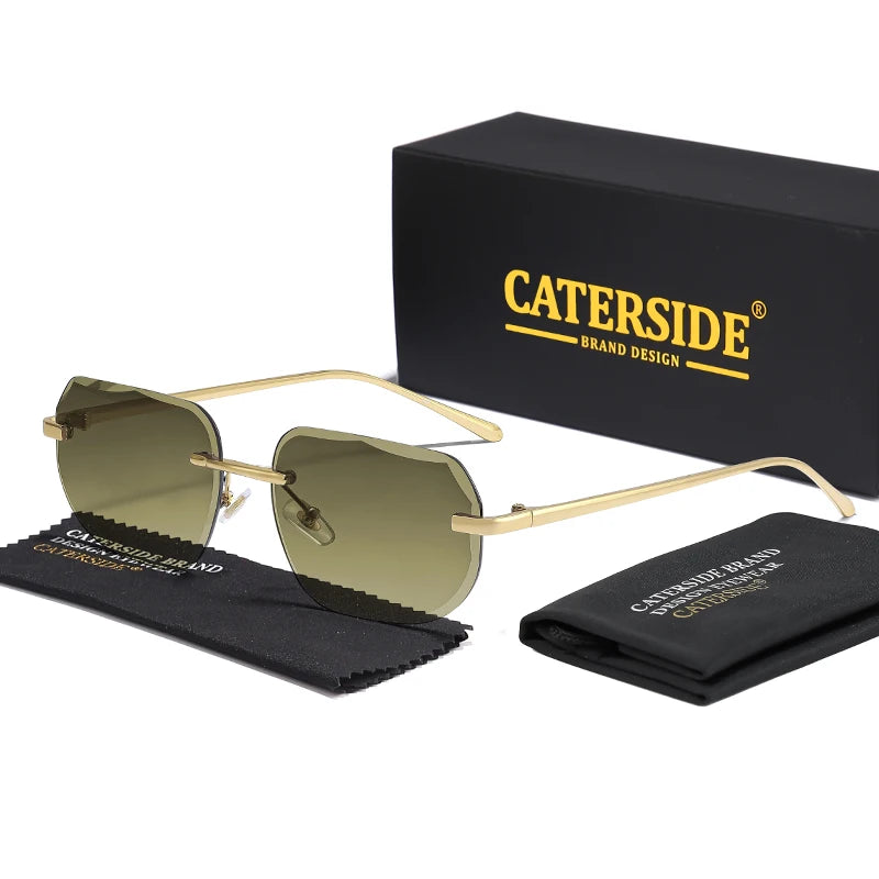 CATERSIDE Vintage Frameless Men's Sunglasses with Design Sense Lenses Metal Temple Sunglasses Women's Party Travel Sunglasses
