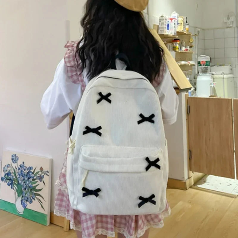 Cute Bowknot Aesthetic Backpacks Lightweight School Bookbags Students Sweet Rucksack for Girls Women's Corduroy College Mochilas