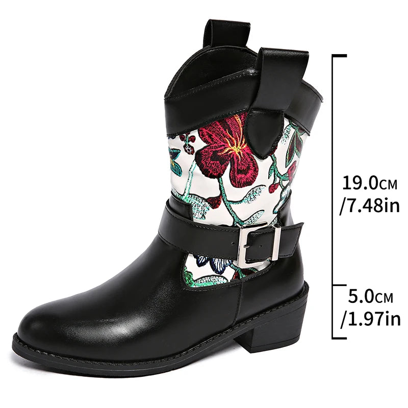 Vintage Flower Embroidery Western Boots Women Fashion Buckle Thick Heel Ankle Boots Woman Slip On Pointed Toe Short Booties 43