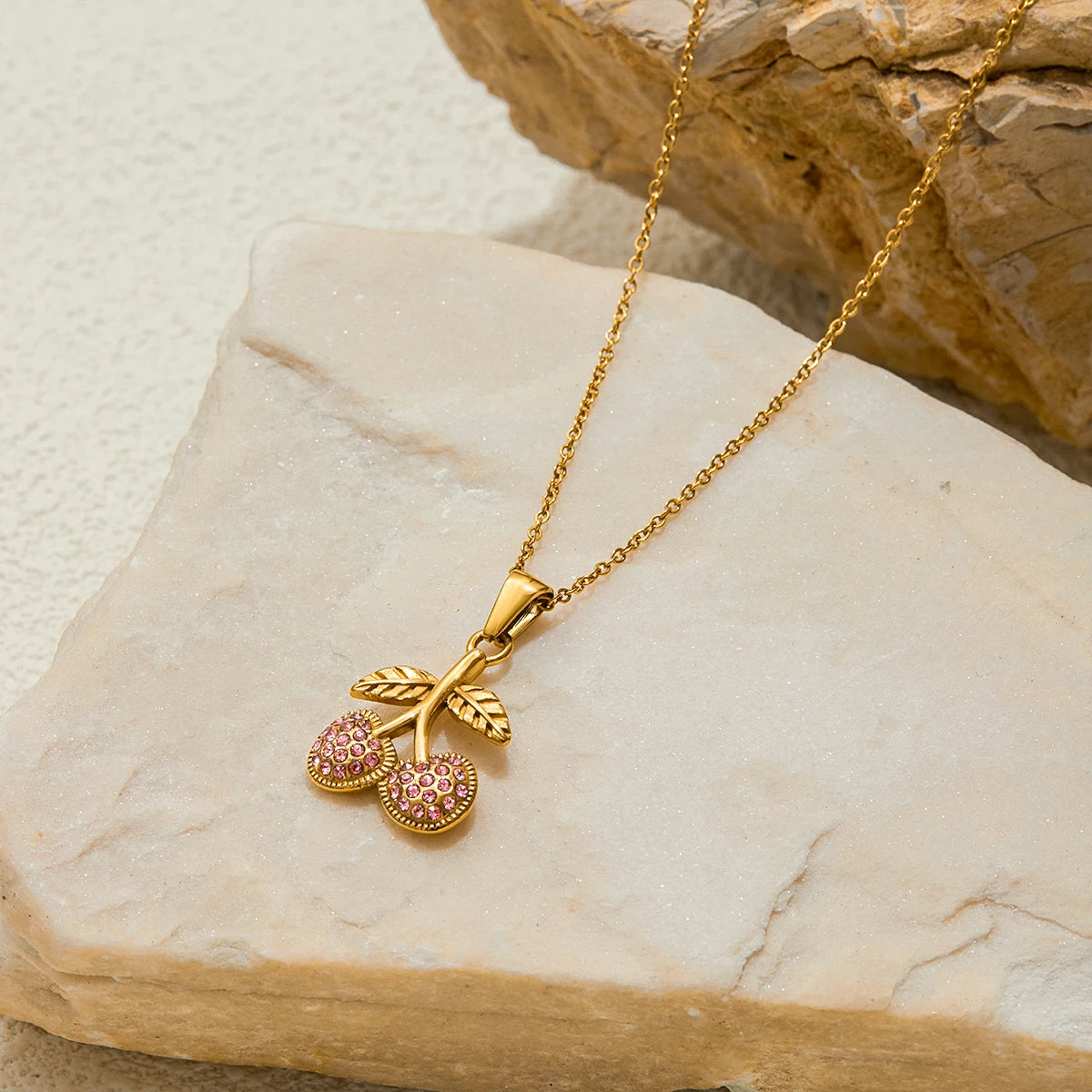 Uworld Minimalist 18K Gold Color Plated Stainless Steel Pink Zircon Cherry Pendant Necklace Chain Stackable Necklace Women's Acc