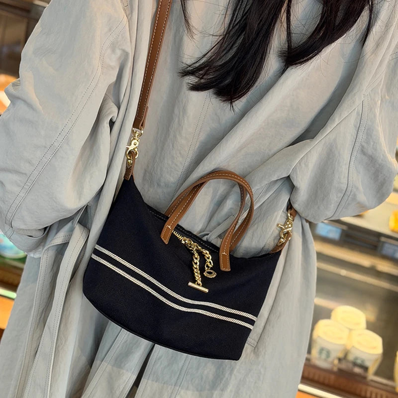 Denim & Genuine Cowhide Leather Mini Dome Bag for Women Luxury Designer Top Handle Crossbody Shoulder Bag with Gold Chain Detail