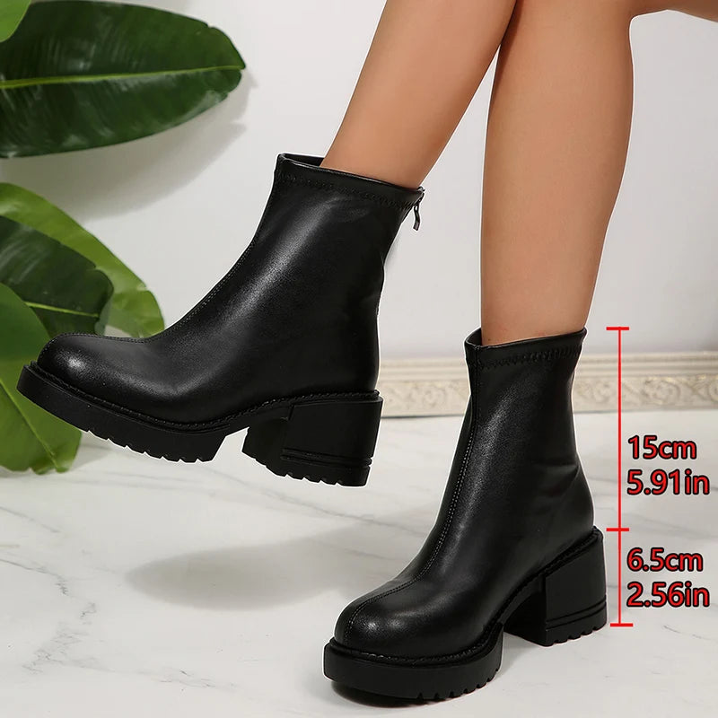 Fashion Thick Heels Ankle Boots Women 2025 Back Zipper Plus Size 35-42 Pu Leather Boots Woman Round Toe Platform Booties Mujer