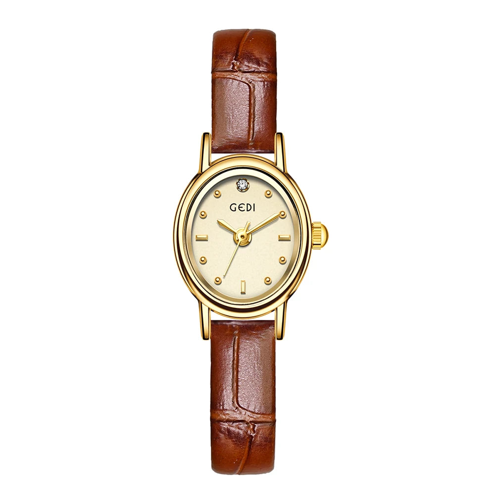 GEDI Vintage Small Watch Woman Elegant Oval Leather Strap Quartz Ladies Watches Wristwatch Waterproof Fashionable