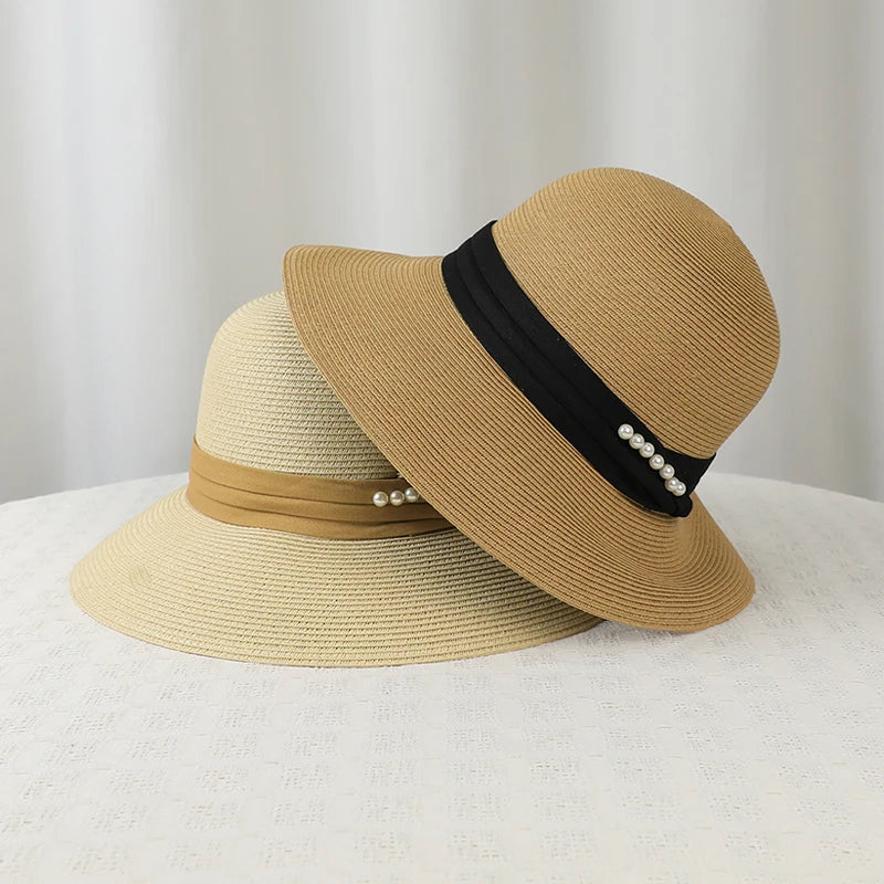 6178-New summer women's sun-protective hat - trendy pearl straw hat for beachandvacation-large-brimmed sun hatforoutdooractivies