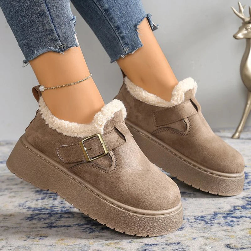 Winter Soft Faux Suede Furry Snow Boots Woman Adjustable Buckle Ankle Boots Women Solid Color Platform Warm Booties Mujer