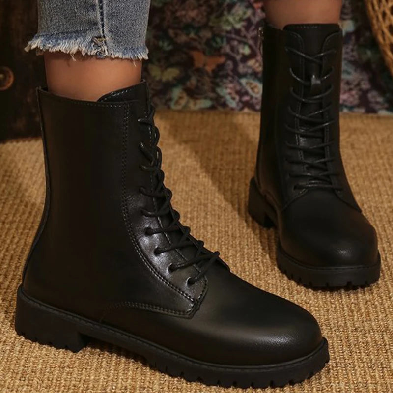 British Solid Zip Ankle Boots for Woman Autumn Winter Round Toe Lace-Up Short Boots Women Pu Leather Shoes Boties Lady