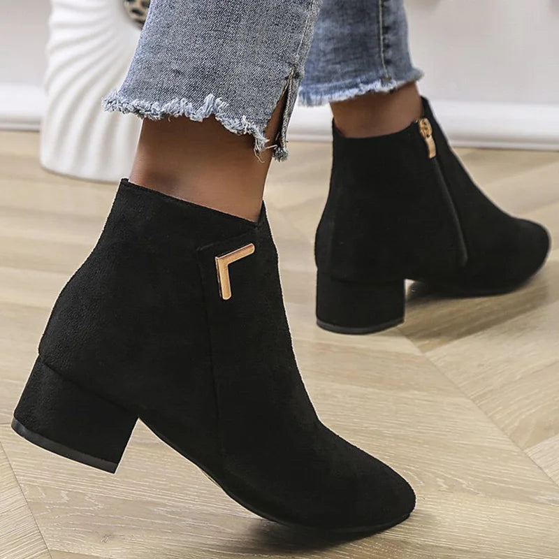 Spring Autumn Fashion Faux Suede Ankle Boots Women Solid Color Zipper Boots Woman Metal Decoration Pointed Toe Botas Lady