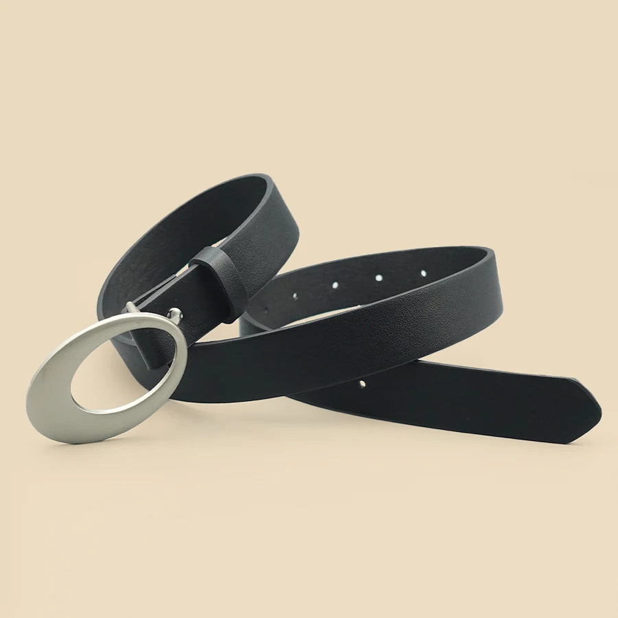 Black Casual Women's Belt, Oval Hollow Matte Buckle, Retro Pu Leather Fashionable Belt, Dress, Jeans, Shirt Accessories