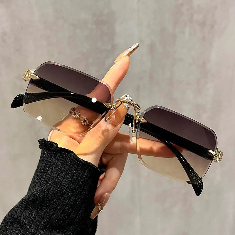 2PCS Sunglasses Men Women Fashion Rimless Sun Glasses Shades Cutting Lens Ladies Frameless Eyeglasses