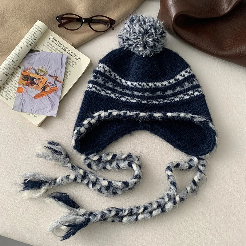 Retro Fair Lsle Colorblock Braided Wool Ball Knit Hat For Women With Wool For Winter Warm Ear Protection Lei Feng Cap