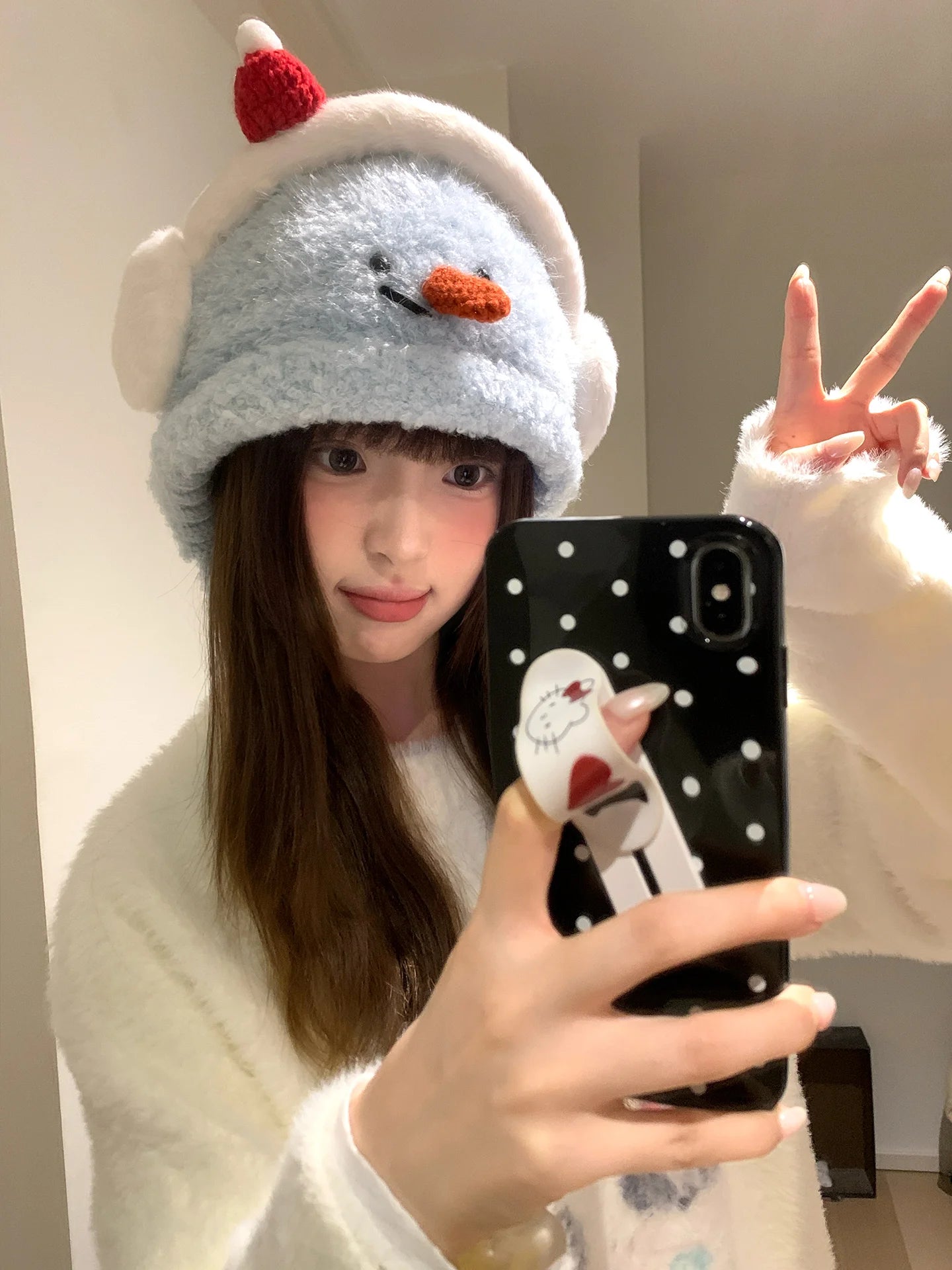 Cute Little Snowman Earmuffs Plush Hat Winter Thickening Warm Belt Adjustable Windproof Ear Protection Knitted Hat