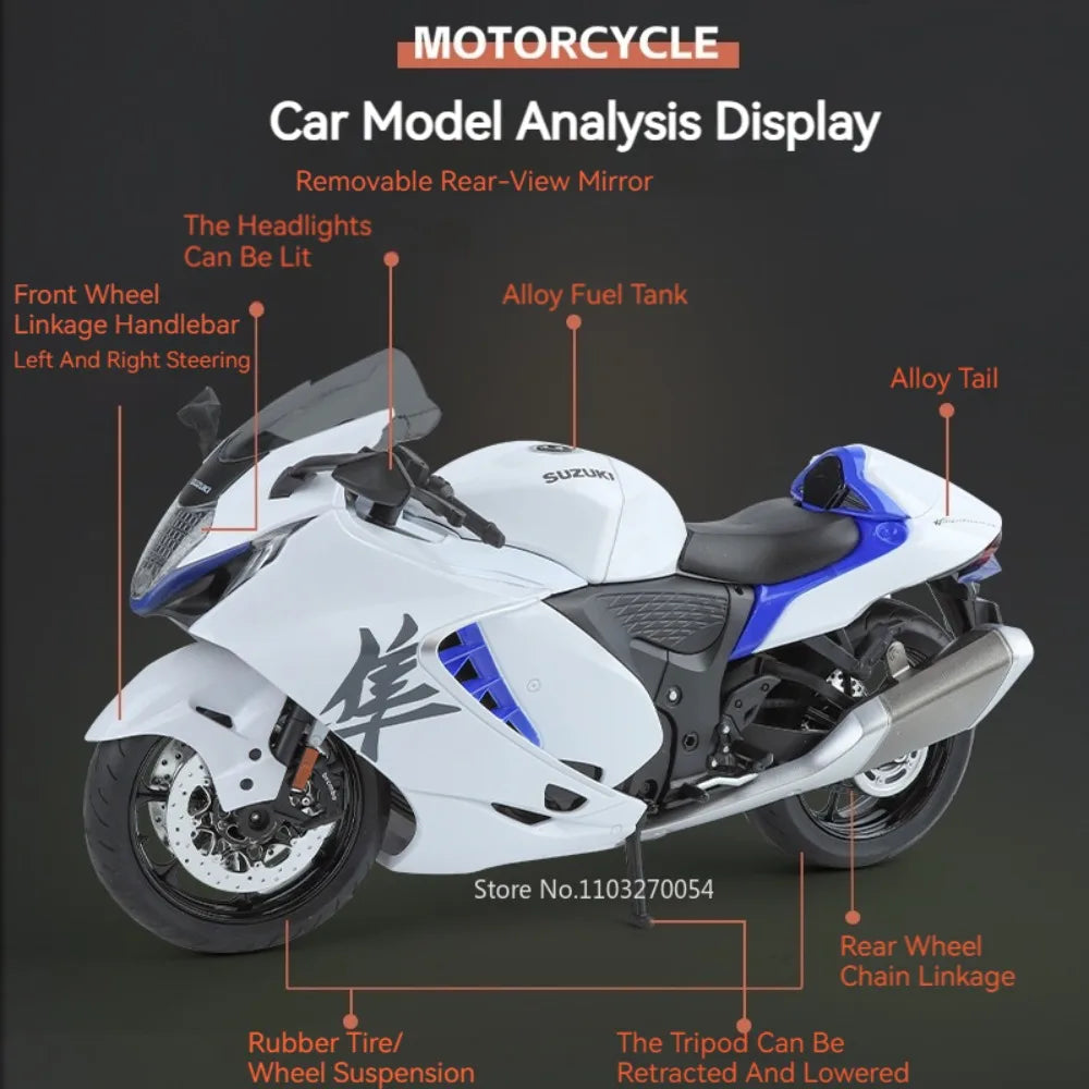 1:9 Suzuki Hayabusa GSX-1000R Motorcycles 2022 Alloy Models Car Toys Diecast Vehice Front Wheel Steering Lighting for Boys Gifts