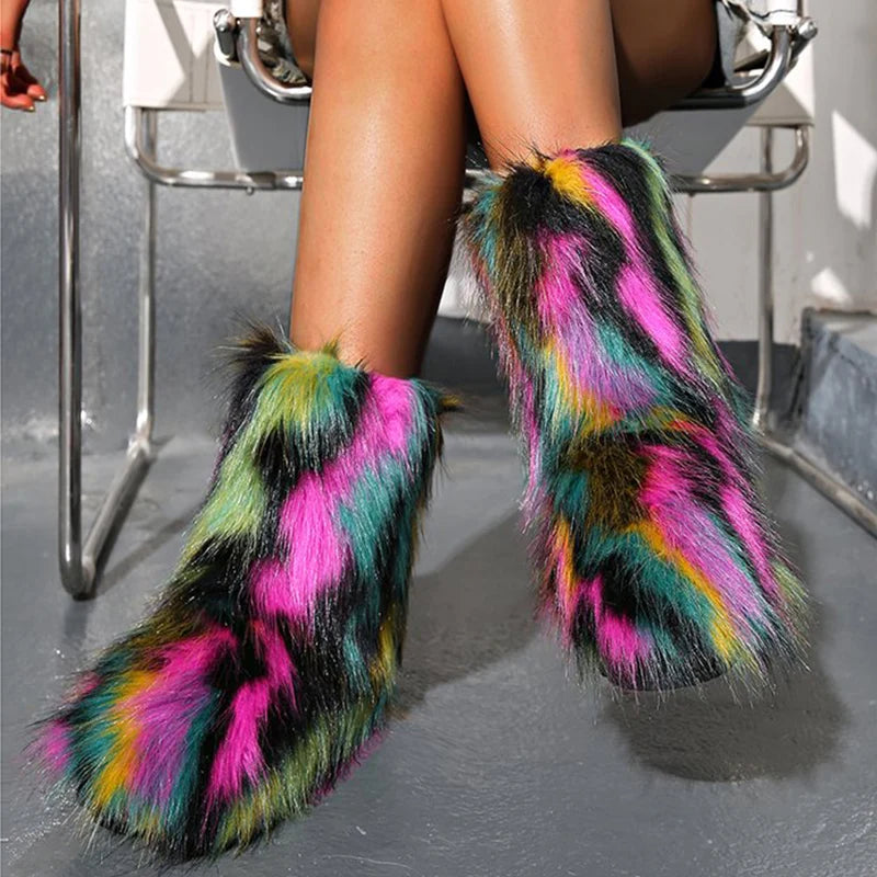 Y2K Mix Color Snow Boots for Women Soft Faux Fur Warm Snow Boots Woman Winter Plus Size 44 Non Slip Plush Booties Ladies