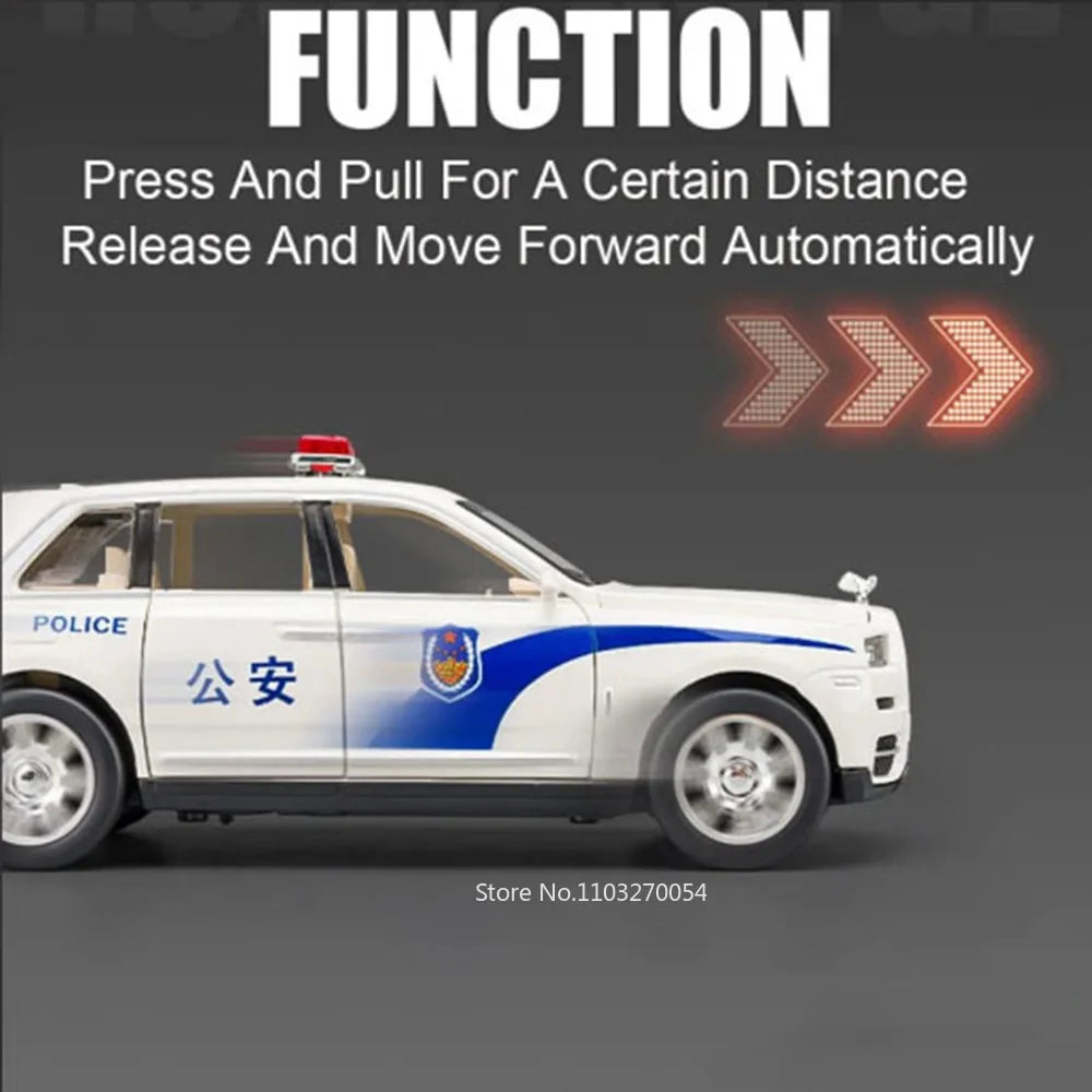1/24 Rolls Royce Cullinan Phantom Model Car Toys Alloy Diecast Police Car Sound Light Pull Back Door Opened Rubber Tire Kid Gift