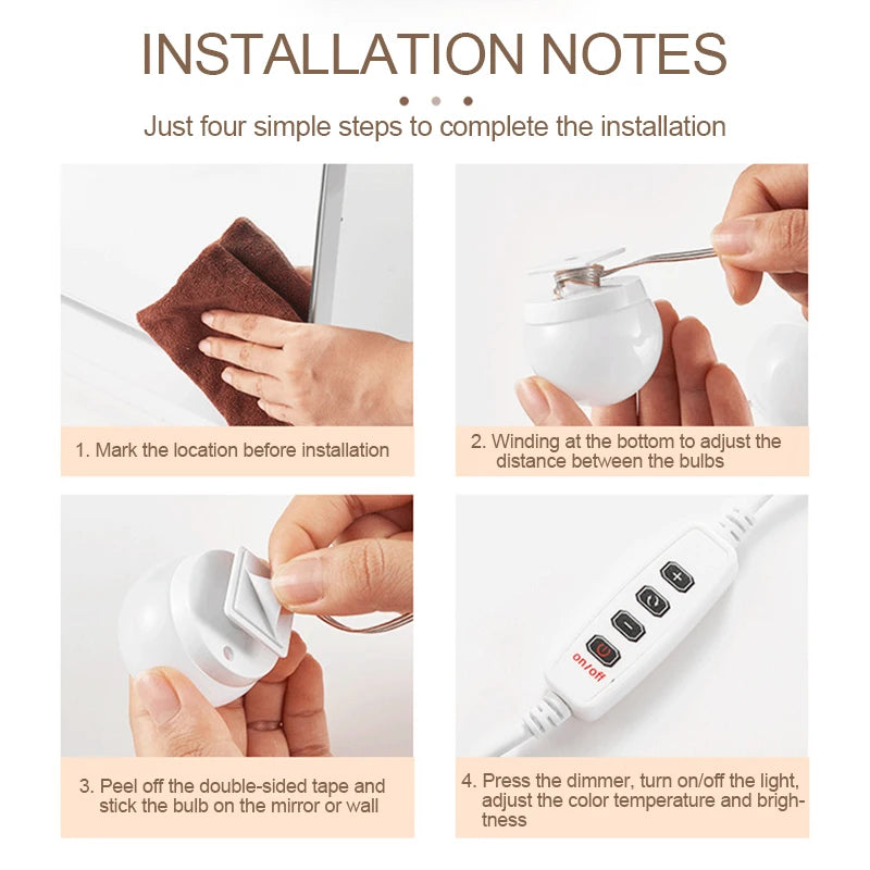 Vanity Mirror Fill Light Adjustable Luminance 3 Colors LED USB Wall Bulbs String