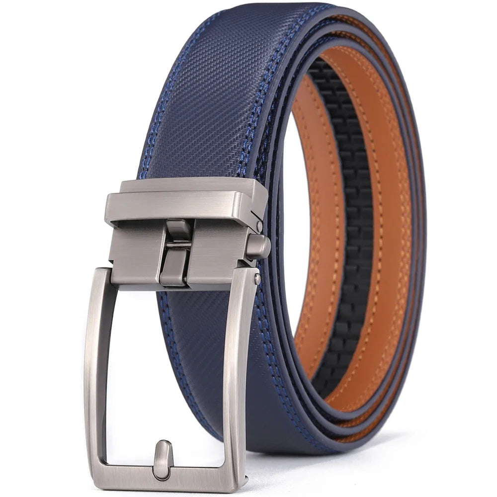 Blue Unisex Click Belt Genuine Leather Auto Buckle Luxury Strap for Men Jeans