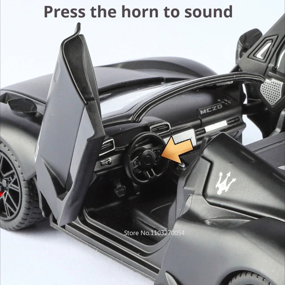 1:24 MC20 GT2 Sportscar Model Alloy Diecast Toys Front Wheel Steering Sound Light Pull Back Miniature Vehices Kid Christmas Gift