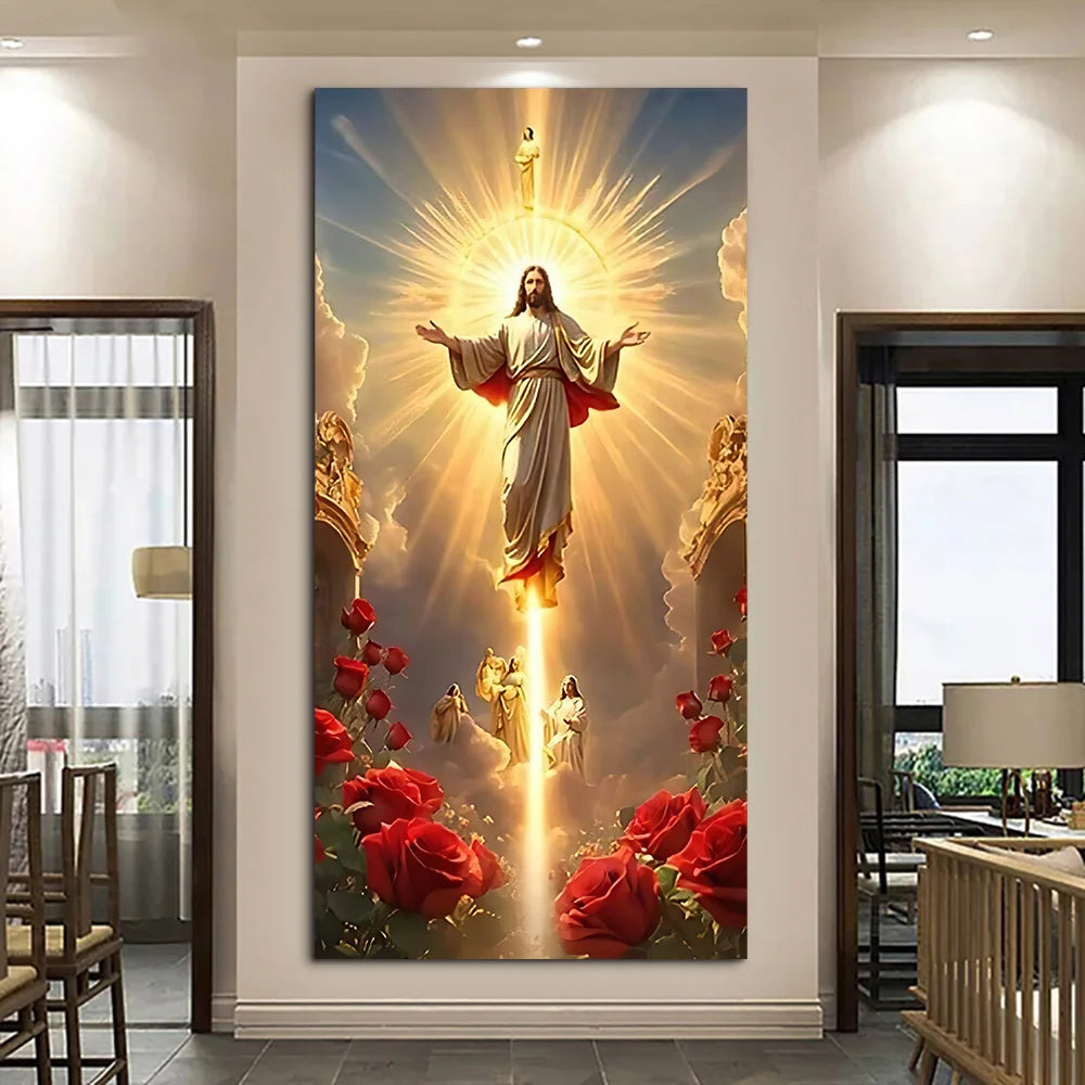 Classic Vintage Wall Art Jesus Light Ascension with Rose Scene, HD Canvas Print