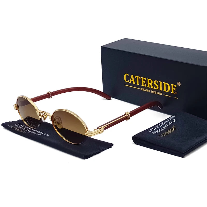 CATERSIDE 2022 Luxury Brand Designer Glasses Man Retro Classic Round Oval Sunglasses Men Fashion Popular Travel Wooden Shades