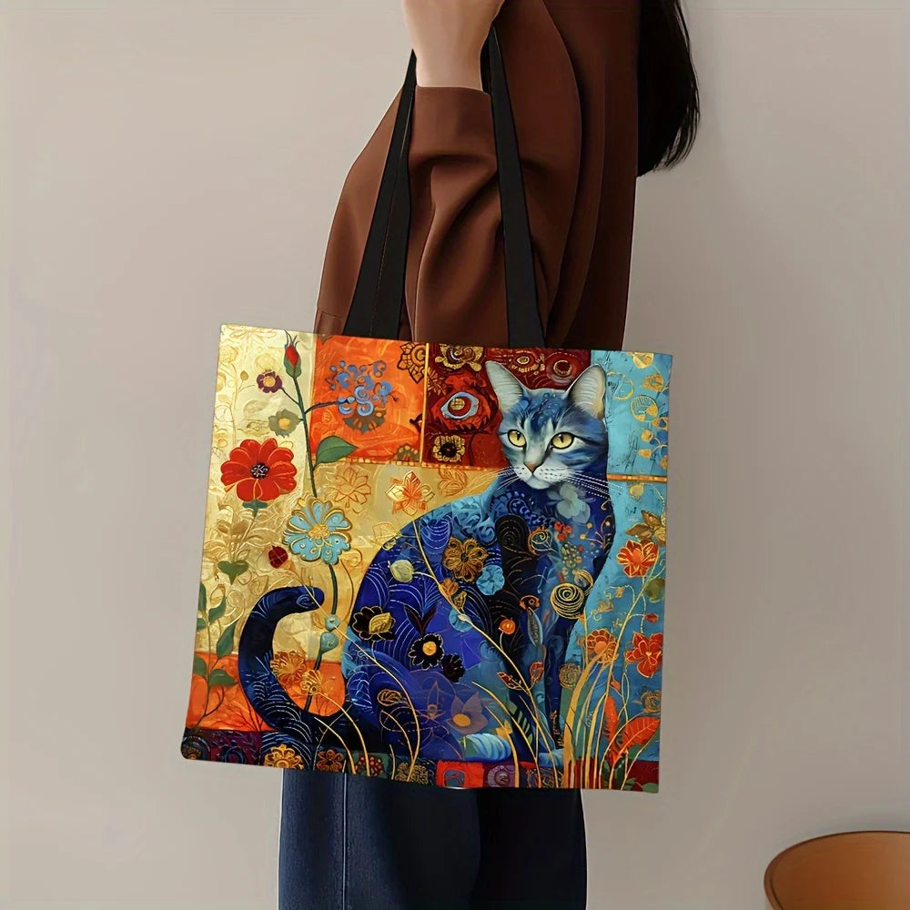 Abstract Cat Tote Bag, Cute Quirky Small Animal Shoulder Bag, Linen Eco Handbag