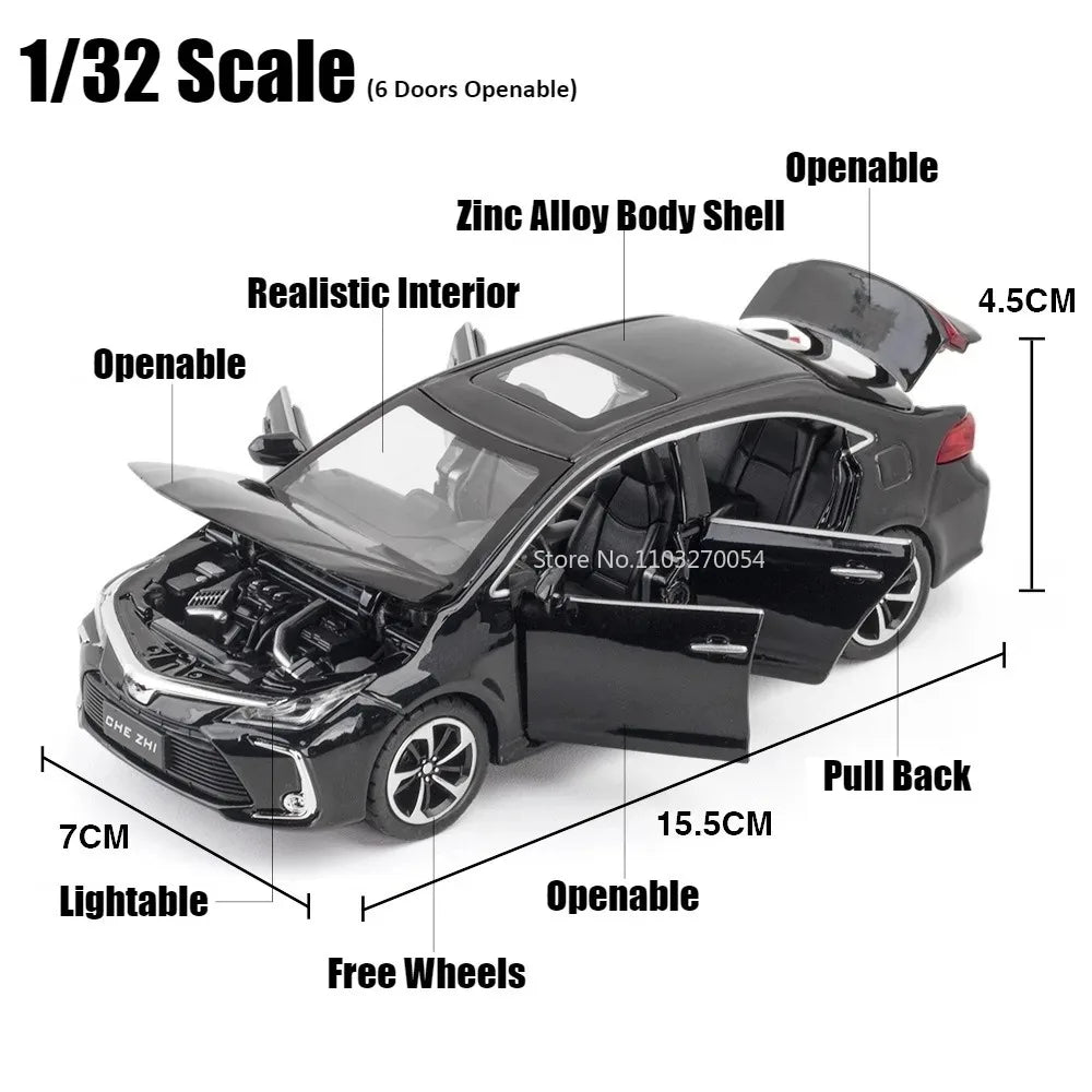 1:32 Crown Corolla Toys Model Car Diecast Alloy Vehicles Rubber Tires 6 Doors Opened Sound Light Pull Back Cars Toy for Kid Gift