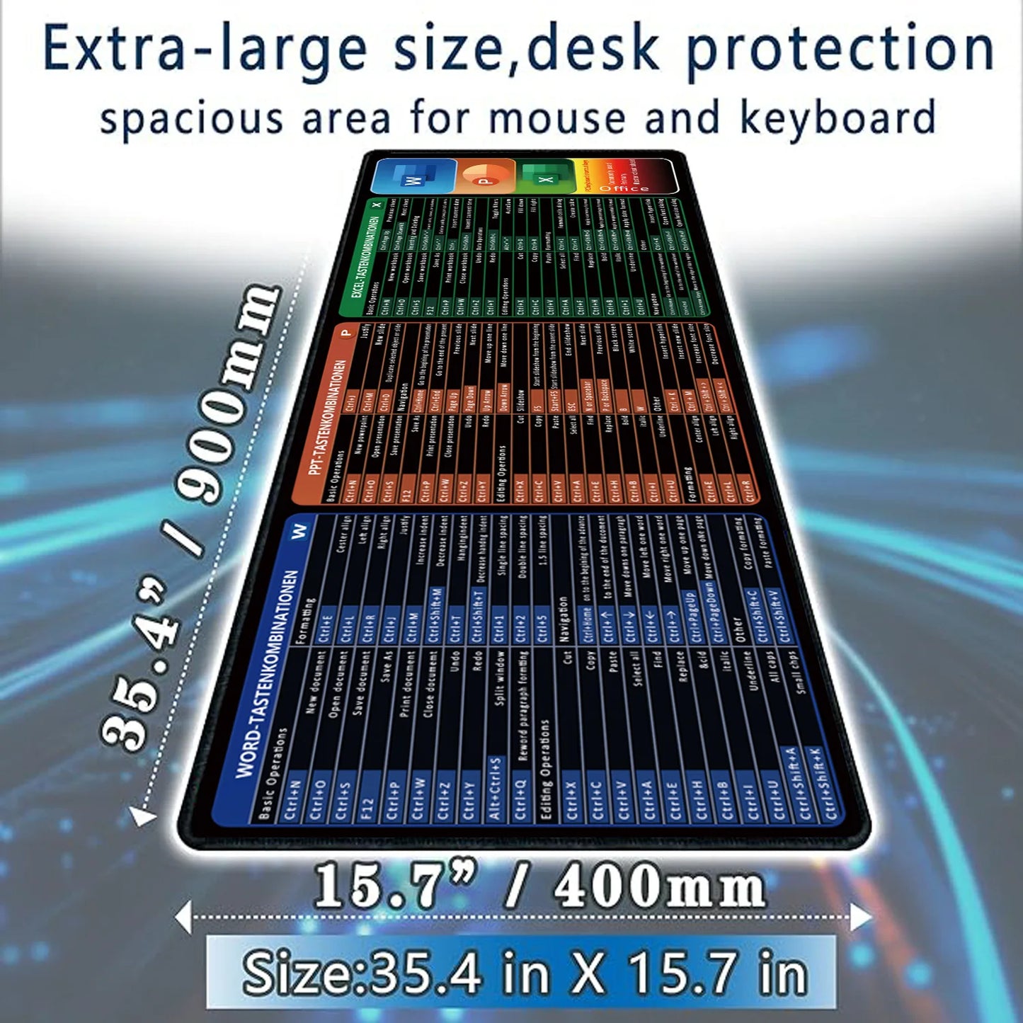 Excel Shortcuts Mouse pad, Extended Mousepad with Stitched Edges, Keyboard Pad for Office & Home Excel Word PPT