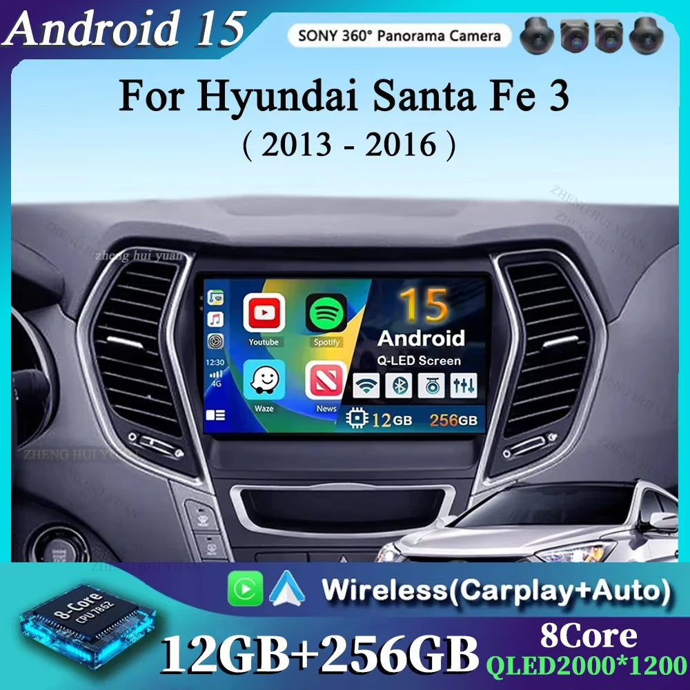 For Hyundai Santa Fe 3 2013 - 2016 Android 15 2K QLED Car Radio Multimedia Video Player GPS stereo CarPlay Head Unit 4G WIFI