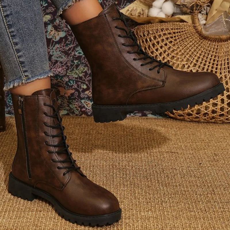 British Solid Zip Ankle Boots for Woman Autumn Winter Round Toe Lace-Up Short Boots Women Pu Leather Shoes Boties Lady