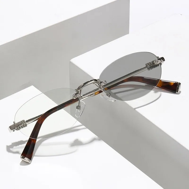 Rimless Oval Photochromic Sunglasses Men Women Lightweight Metal Frame Transition Lens UV400 Protection Sun Glasses