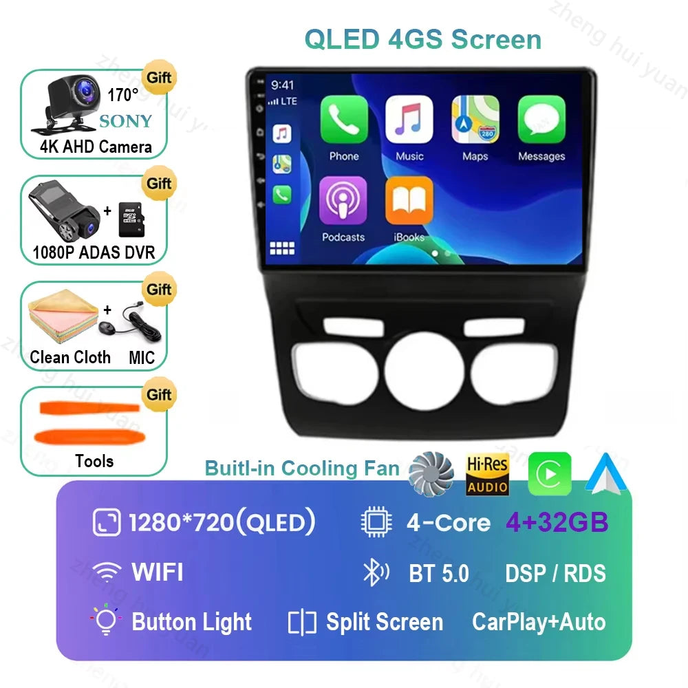 For Citroen C4 C4L DS4 2013 2014 2015 - 2017 Android 16 GPS WIFI 4G Carplay&Auto Car Radio Navigation QLED Multimedia Stereo Pla