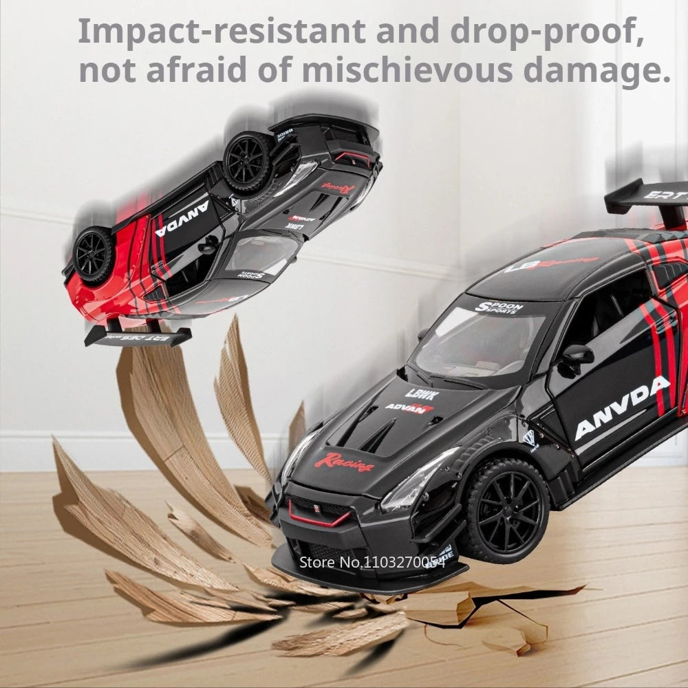 1:32 Scale GTR R50 Miniature Sports Car Alloy Diecast Model Toys Doors Opened with Sound Light Pull Back Vehices Children's Gift
