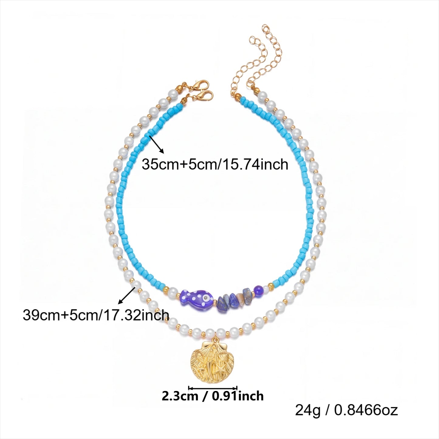 2Pcs/Set Vacation Fish Shell Stone Faux Pearl Beaded Necklace Summer Beach Boho Layered Choker Jewelry For Women