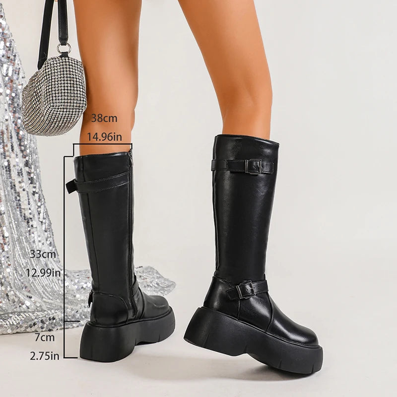 Black Chunky Platform Knee High Boots Women 2025 Thick Bottom Pu Leather Long Boots Woman Fashion Zippers Riding Botas Mujer