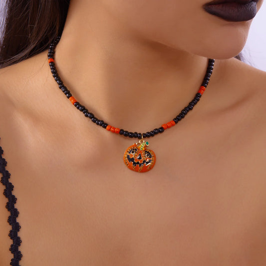 Simple Mixed Color Rice Beads Necklace for Women Gothic Dark Spider Bat Pumpkin Skull Pendant Necklace Halloween Jewelry Gift