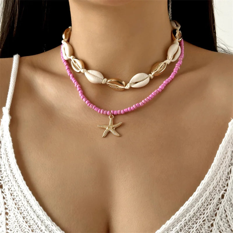 Double Layered Starfish Shell Rice Bead Necklace Women Trendy Summer Beach Sexy Choker Neck Chain Jewelry Vacation Accessories