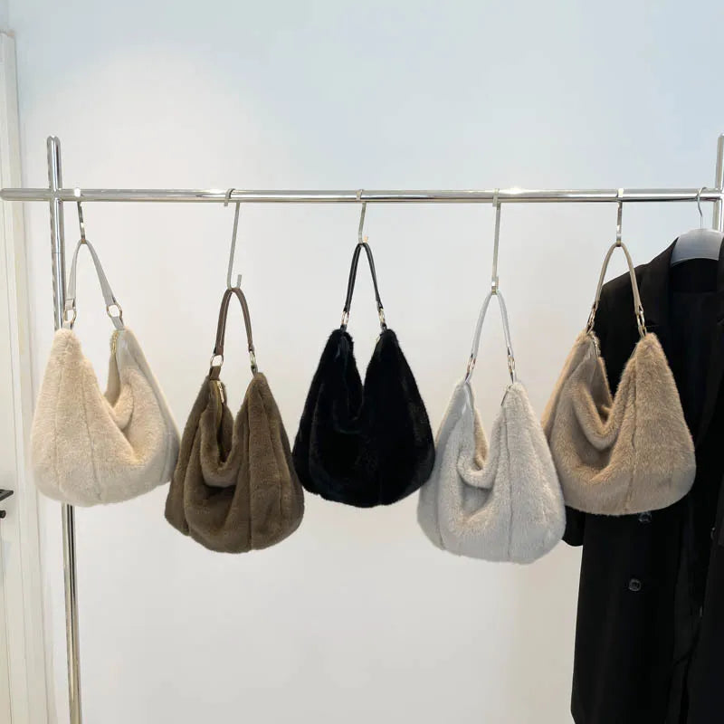 Winter Cotton Fabric Zipper Soft Shoulder Bags Large Capacity Versatile Handbags 2026 High Quality Furry Sweet Women's Bags