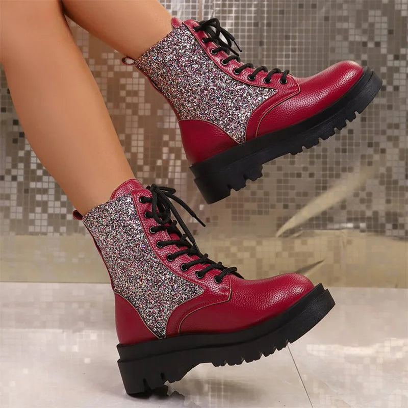 Retro Red Bling Shiny Boots for Women Lace Up Plus Size Ankle Boots Woman Spring Autumn Round Toe Thick Bottom Botas Mujer