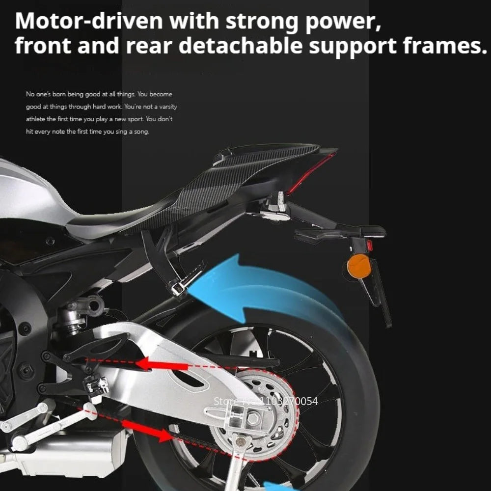 1:6 R1M Alloy Spray Motorcycle Diecast Toy Car Model with Light Wheel Damping Front Wheels Steerable Motorbike Boy Birthday Gift